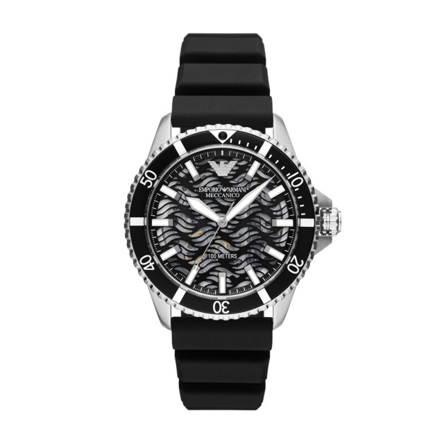 【EMPORIO ARMANI】Meccanico系列海洋波紋機械腕錶-黑(AR60062)