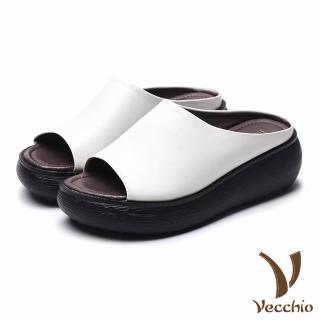 【Vecchio】真皮拖鞋 厚底拖鞋/真皮純色素面鬆糕厚底復古拖鞋(白)