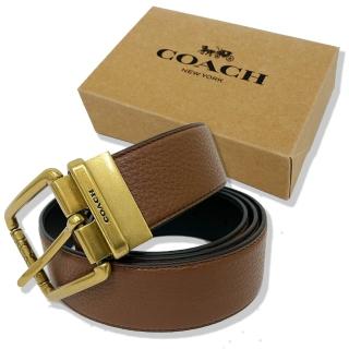 【COACH】古銅金屬低調LOGO男款寬版皮帶禮盒(棕色)