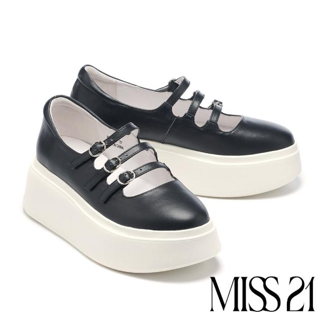 【MISS 21】簡約率性三條帶全真皮瑪莉珍厚底鞋(黑)