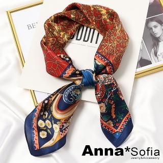 【AnnaSofia】100%桑蠶絲真絲絲巾領巾圍巾-方型 亮緞面(菩樹梵輪-藍框系)