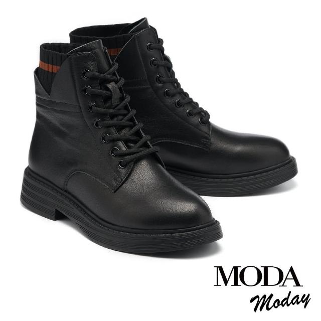 【MODA Moday】純色質感牛皮綁帶Q軟厚底短靴(黑)