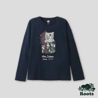 【Roots】Roots 女裝- 經典傳承系列 貓咪長袖 T 恤(深藍色)