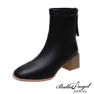 【BalletAngel】短靴 激瘦感經典素面後拉鍊粗跟靴(黑)