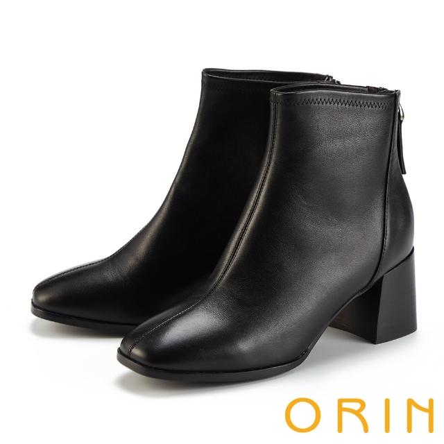 【ORIN】質感素面牛皮粗跟短靴(黑色)
