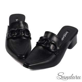 【SANDARU 山打努】穆勒鞋 小方頭粗鍊粗低跟穆勒鞋(黑)