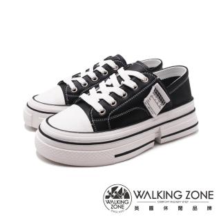 【WALKING ZONE】女 超纖皮革增高厚底小白鞋 休閒鞋 女鞋(黑)