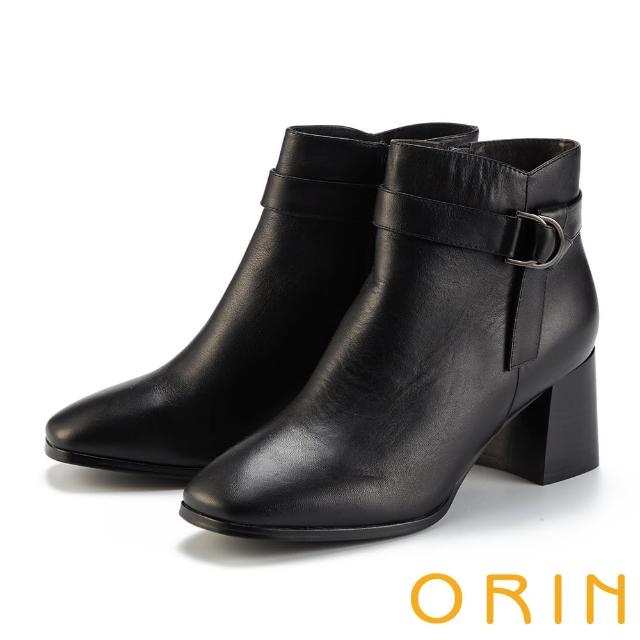 【ORIN】經典真皮釦環粗跟短靴(黑色)