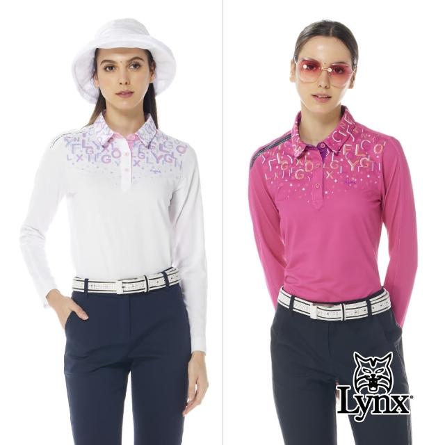 【Lynx Golf】女款合身版吸排抗UV翻領設計半身星芒印花長袖POLO衫/高爾夫球衫(二色)