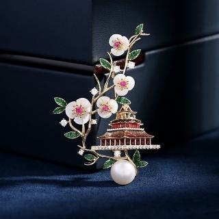 【巴黎精品】胸針珍珠胸花(中國風閣樓花朵鋯石女飾品p1ao29)