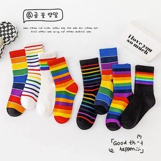 【89 zone】日系全棉彩虹條紋 男女襪 童襪 中筒襪 短襪 1 雙(不挑款/混色隨機出貨)