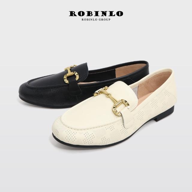 【Robinlo】雅緻壓紋馬銜釦真皮低跟樂福鞋LENKA(奶油白/法式黑)