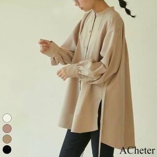 【ACheter】日式新款超大寬鬆純色前短後長側開叉長袖立領精梳棉長版襯衫上衣#113672現貨+預購(4色)
