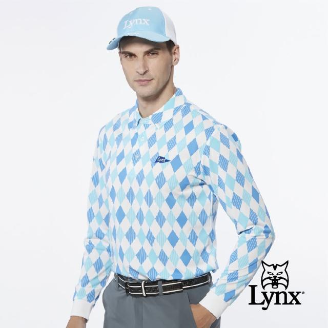 【Lynx Golf】男款吸濕排汗滿版菱格直條印花旗幟繡花長袖POLO衫/高爾夫球衫(水藍色)