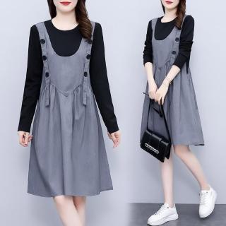 【麗質達人】887-1黑灰色假二件洋裝AA(L-5XL)