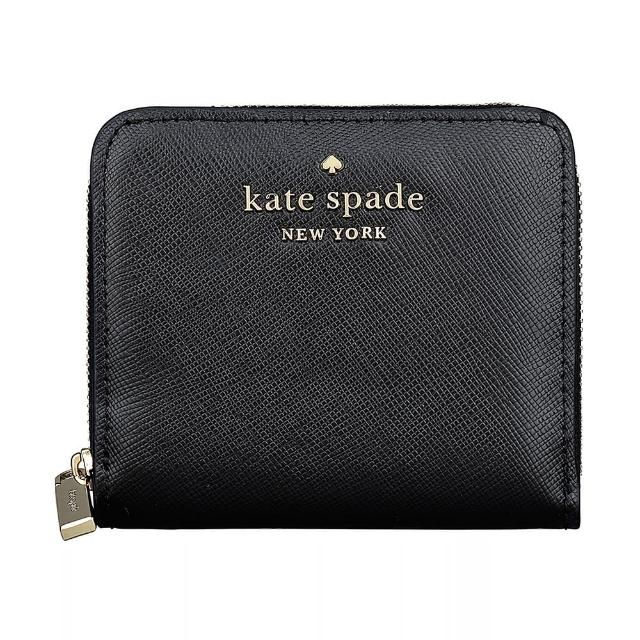 【KATE SPADE】Kate Spade STACI金字LOGO十字紋防刮牛皮7卡拉鍊短夾(小/黑)