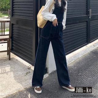 【JILLI-KO】韓版復古水洗牛仔大口袋背帶連身褲-L/XL(深藍)
