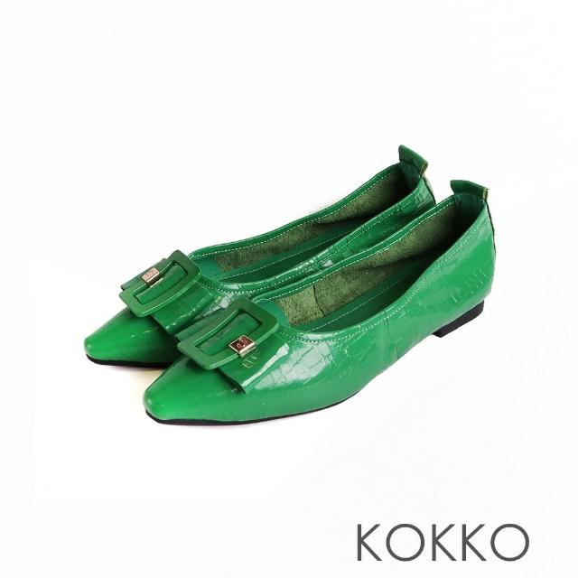 【KOKKO 集團】好舒適霧光烤漆飾扣尖頭平底鞋(綠色)