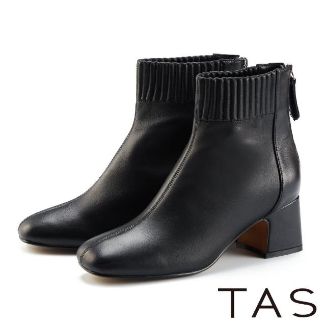 【TAS】線條縮口羊皮粗中跟短靴(黑色)