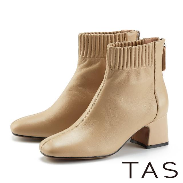 【TAS】線條縮口羊皮粗中跟短靴(淺棕)