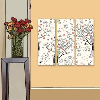 【24mama 掛畫】三聯式 油畫布 動物 插圖 花卉 藝術 無框畫-30x80cm(樹木和鳥)
