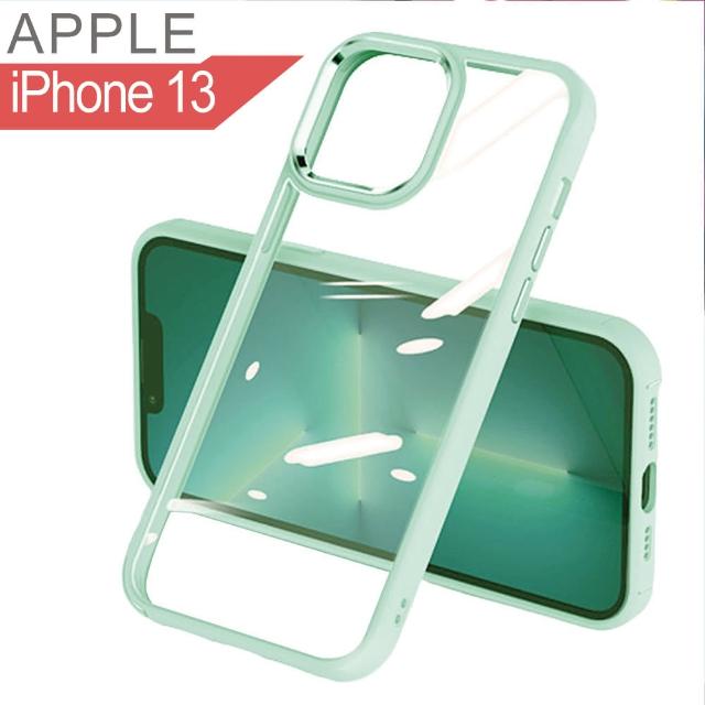 【HongXin】透明背板金屬按鍵 防摔防撞 手機殼 iPhone 13 6.1(綠色)