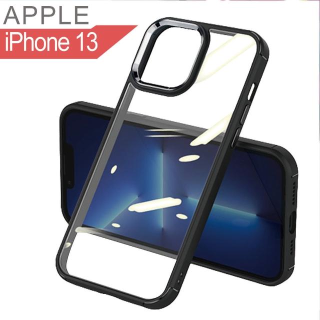 【HongXin】透明背板金屬按鍵 防摔防撞 手機殼 iPhone 13 6.1(黑色)