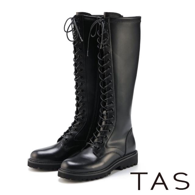 【TAS】率性綁帶真皮粗跟長靴(黑色)