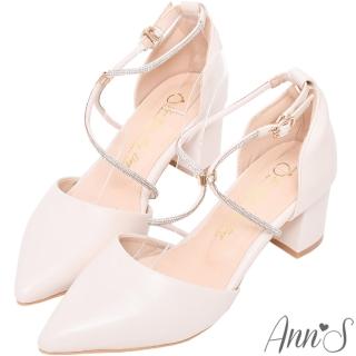 【Ann’S】腳背X鑽石條粗跟尖頭鞋-5.5cm(米白)