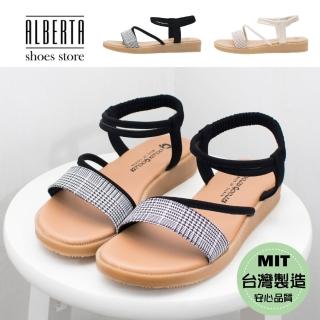 【Alberta】MIT台灣製 前1後2.5cm涼鞋 優雅氣質千鳥格紋 布面楔型鬆緊圓頭涼拖鞋
