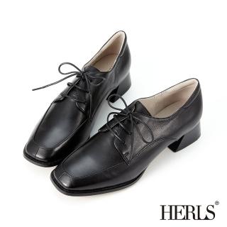 【HERLS】牛津鞋-蠟感全真皮素面方頭德比鞋牛津鞋(黑色)