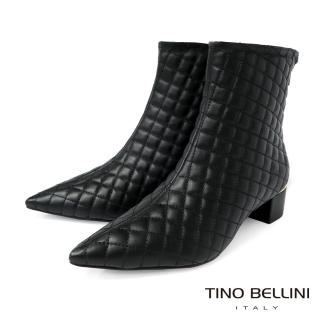 【TINO BELLINI 貝里尼】巴西進口牛皮菱格衍縫尖頭拉鍊短靴FWNT022(黑)