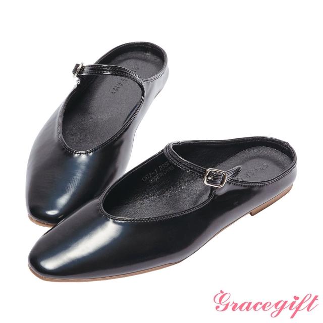 【Grace Gift】尖頭一字釦帶平底穆勒鞋(黑)