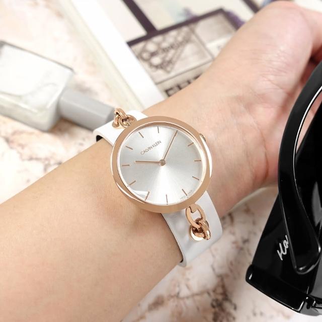 【Calvin Klein 凱文克萊】極簡風格 細緻迷人 礦石強化玻璃 皮革手錶 銀x玫瑰金框x白 34mm(KBM236L6)