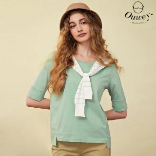 【OUWEY 歐薇】俏皮兩件式條紋針織披肩純棉上衣(淺綠色；S-L；3223161202)