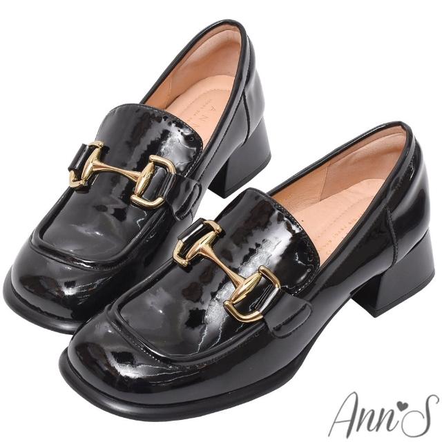 【Ann’S】學院風-軟漆皮金釦方頭低跟樂福鞋4cm-版型偏小(黑)