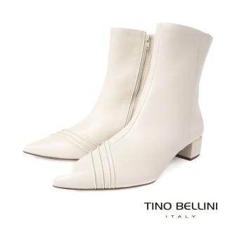 【TINO BELLINI 貝里尼】巴西進口極簡線條尖頭拉鍊低跟短靴FWTV005(米白)