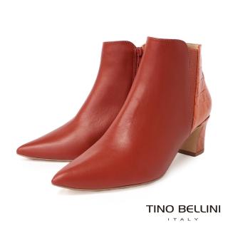【TINO BELLINI 貝里尼】巴西進口牛皮鱷魚紋拼接尖頭拉鍊短靴FWOV022(橘)