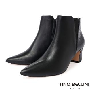 【TINO BELLINI 貝里尼】巴西進口牛皮鱷魚紋拼接尖頭拉鍊短靴FWOV022(黑)