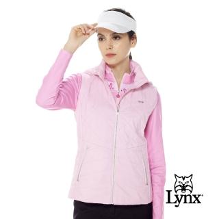 【Lynx Golf】女款保暖舒適鋪棉橫條紋造型帽緣出芽設計無袖可拆式連帽背心(粉紅色)