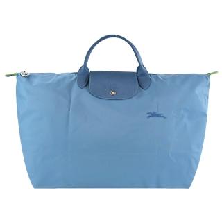 【LONGCHAMP】LE PLIAGE GREEN系列刺繡短把再生尼龍摺疊旅行袋(小/雷雨藍)