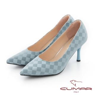 【CUMAR】棋盤格尖頭簡約高跟鞋(藍色)