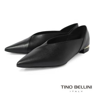 【TINO BELLINI 貝里尼】巴西進口簡約交叉拼接牛皮尖頭平底鞋FWCT030(黑)