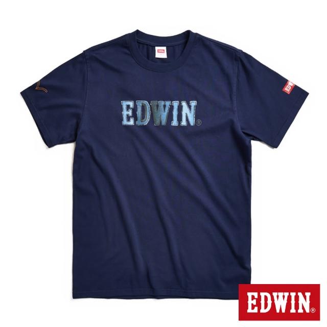 【EDWIN】男裝 紅標仿布紋LOGO短袖T恤(丈青色)