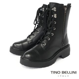 【TINO BELLINI 貝里尼】巴西進口個性繫帶拉鏈厚底中筒靴FWTO001(黑)