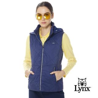【Lynx Golf】女款保暖舒適鋪棉橫條紋造型帽緣出芽設計無袖可拆式連帽背心(深藍色)