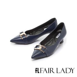 【FAIR LADY】芯太軟 質感造型飾釦尖頭小貓低跟鞋(湛藍、602586)