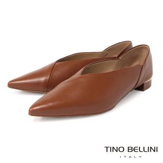 【TINO BELLINI 貝里尼】巴西進口簡約交叉拼接牛皮尖頭平底鞋FWCT030(棕)