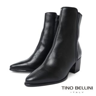 【TINO BELLINI 貝里尼】義大利進口牛皮尖楦拉鍊中筒粗跟靴FWOV021(黑)