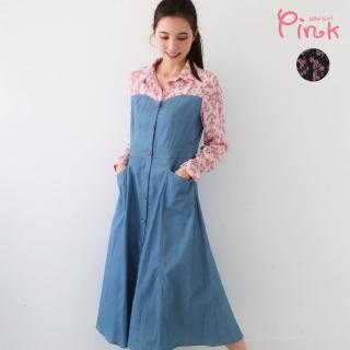 【PINK NEW GIRL】浪漫花卉雪紡拼接襯衫式洋裝 J2108FD(2色)
